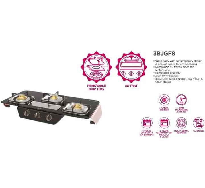 Bajaj Gas Stove Glass Top 3 Burner Frameless 450503 3BJGF8